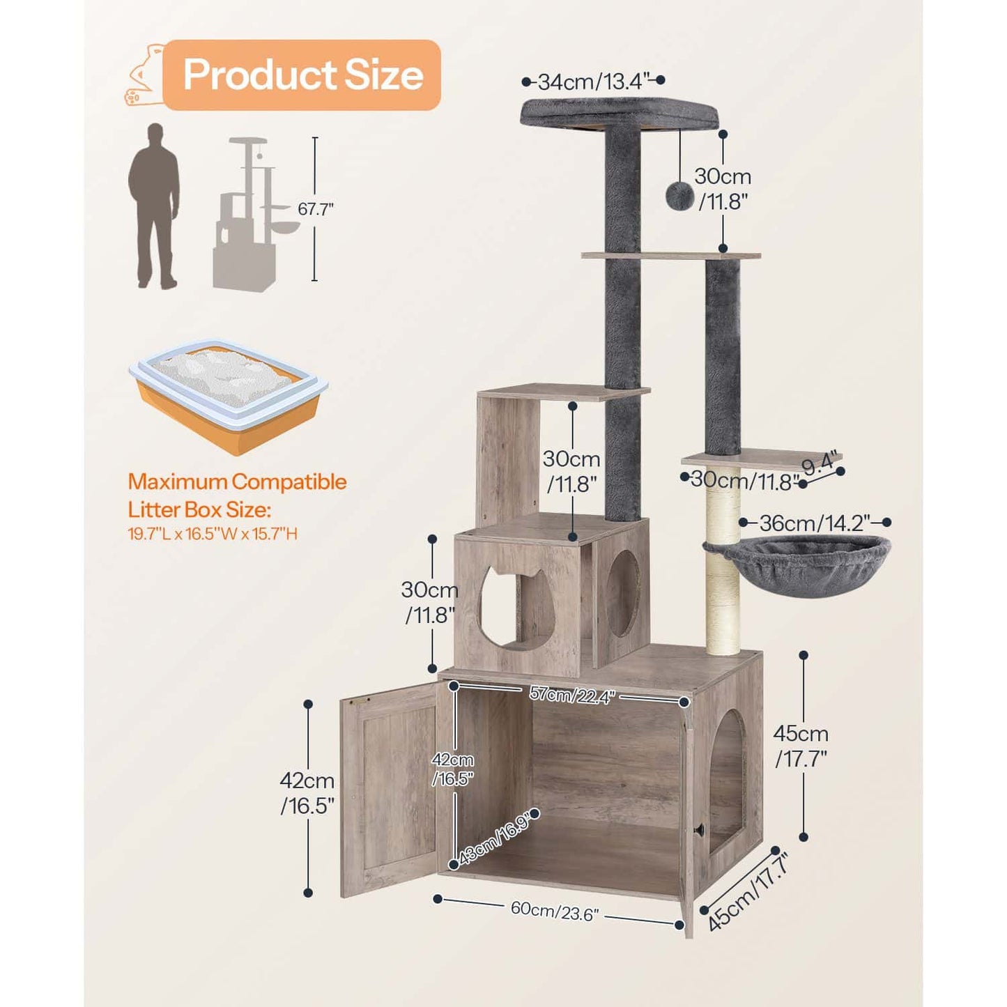 Dimensions and compatibility information of a multi-level cat tree with litter box size indicator.