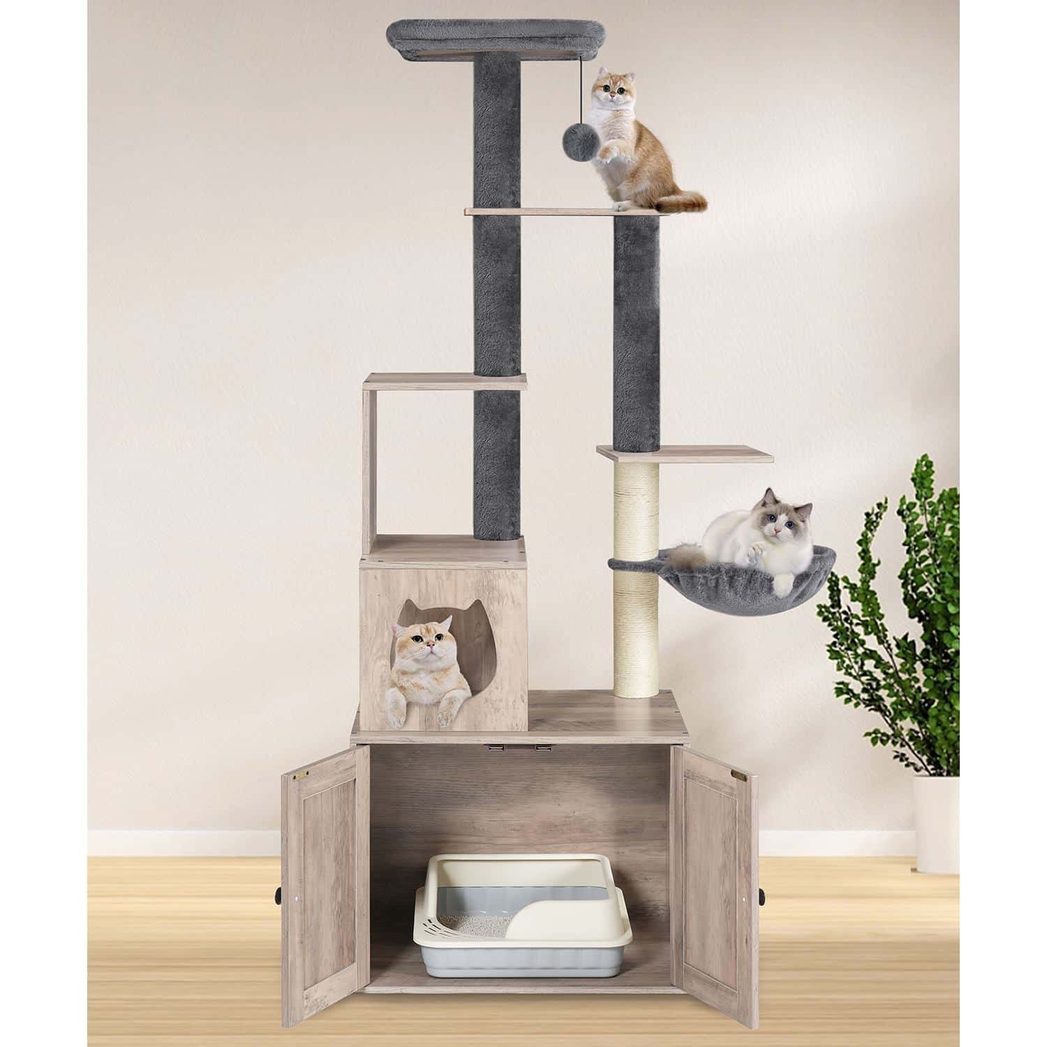 Cat tree with multiple levels, a cat on each level, and a litter box at the bottom.