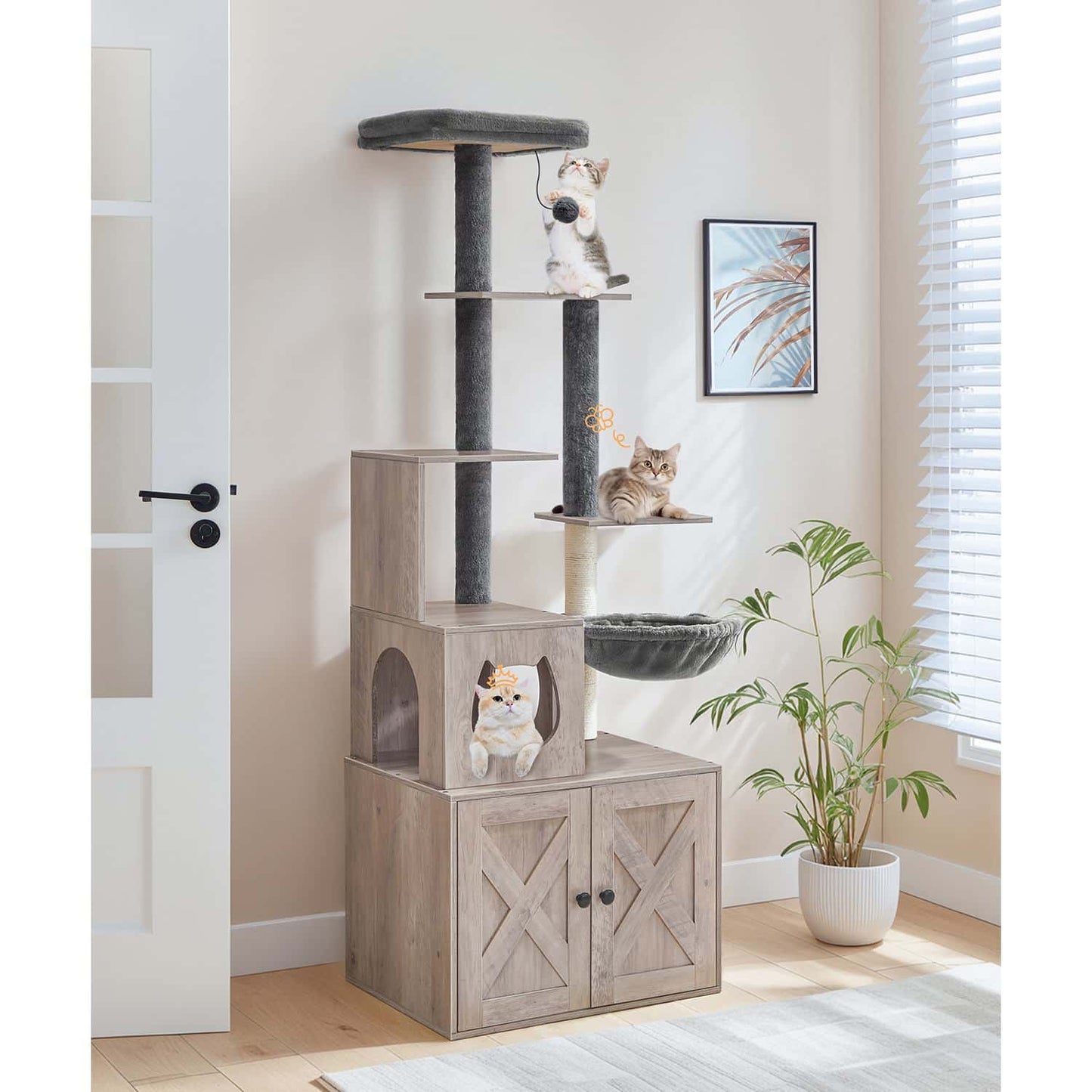 Cat tree with multiple levels and a cat sitting on one of the platforms in a room.