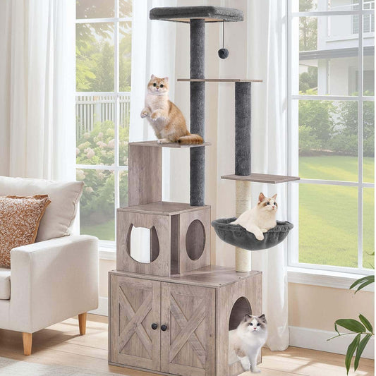 Cat tree with multiple levels and a cat sitting on each level in a room with large windows.