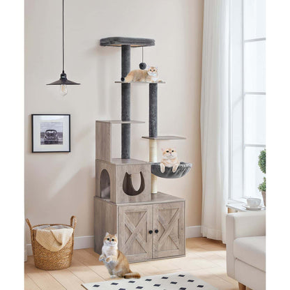 Cat tree with multiple levels and a cat sitting on each level in a room with a window and light fixture.