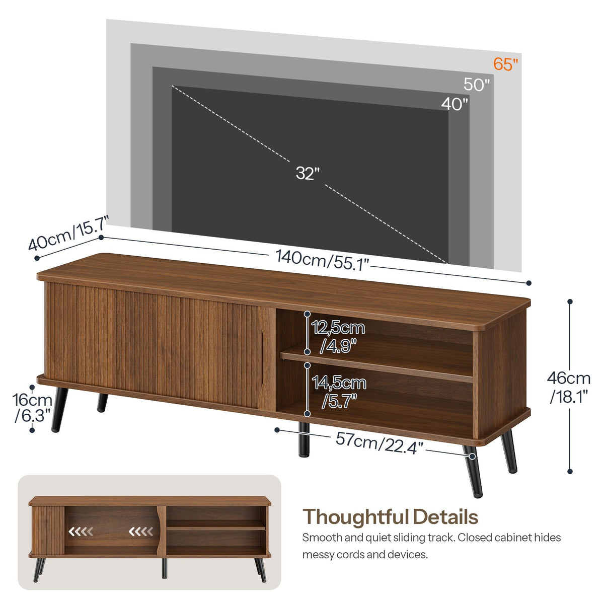 HOOBRO Mid-Century Modern TV Stand with Slatted Sliding Door for TVs up to 65"