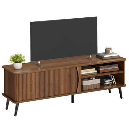 HOOBRO Mid-Century Modern TV Stand with Slatted Sliding Door for TVs up to 65"