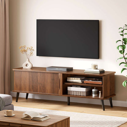 HOOBRO Mid-Century Modern TV Stand with Slatted Sliding Door for TVs up to 65"