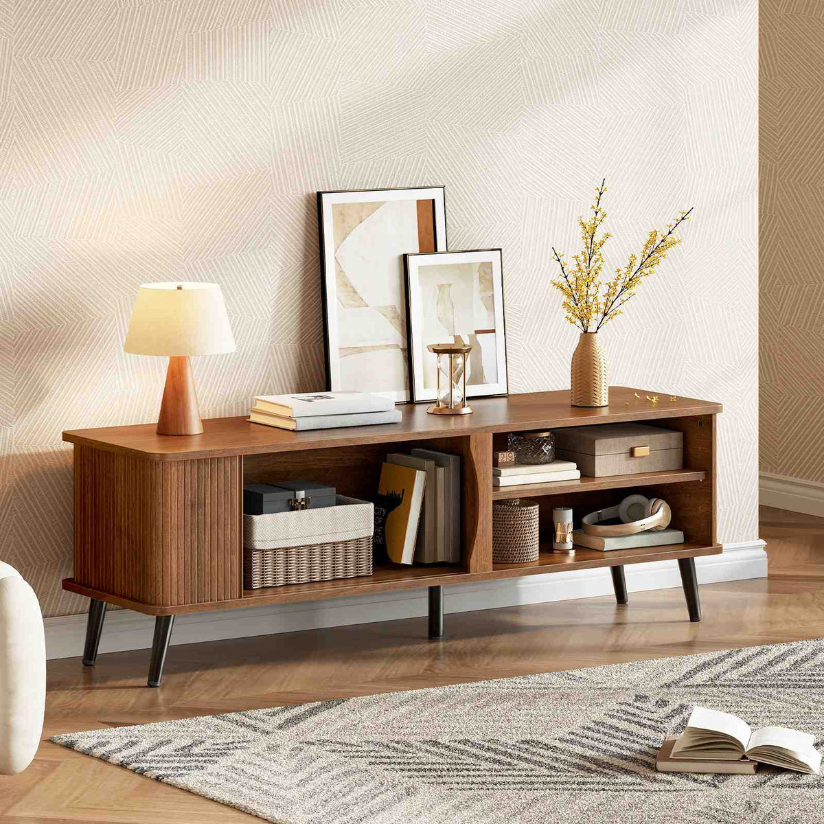 HOOBRO Mid-Century Modern TV Stand with Slatted Sliding Door for TVs up to 65"