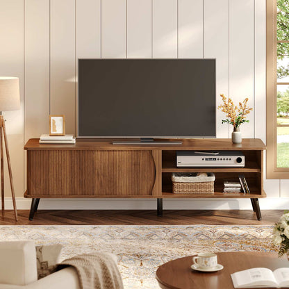 HOOBRO Mid-Century Modern TV Stand with Slatted Sliding Door for TVs up to 65"