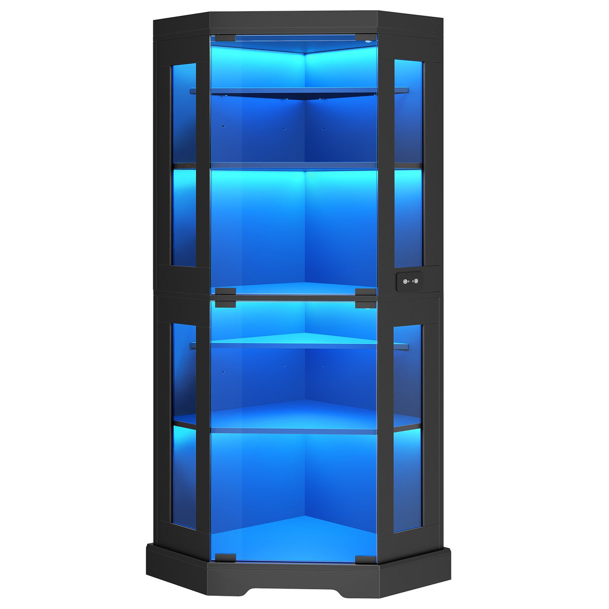 HOOBRO Corner Glass Display Cabinet with LED Lights & Power Outlets