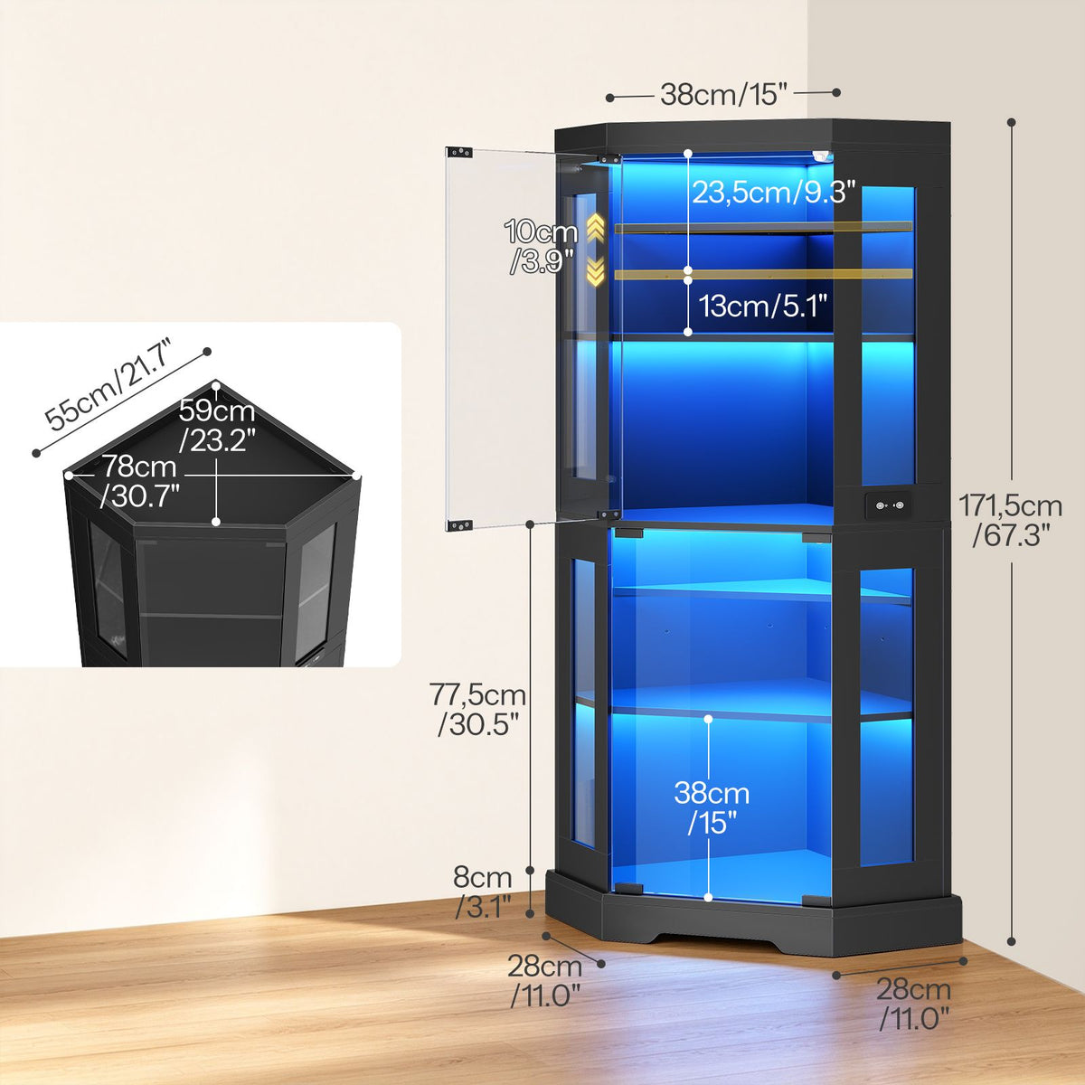 HOOBRO Corner Glass Display Cabinet with LED Lights & Power Outlets