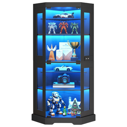 HOOBRO Corner Glass Display Cabinet with LED Lights & Power Outlets