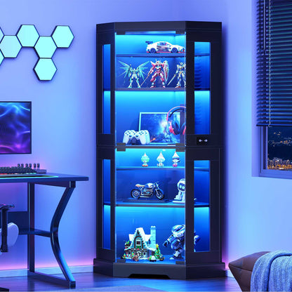 HOOBRO Corner Glass Display Cabinet with LED Lights & Power Outlets