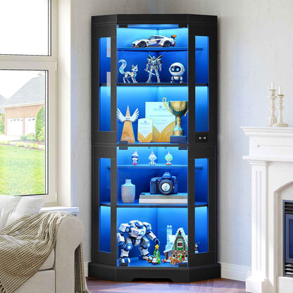 HOOBRO Corner Glass Display Cabinet with LED Lights & Power Outlets