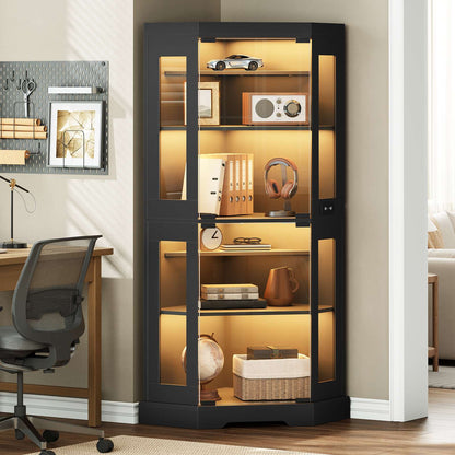 HOOBRO Corner Glass Display Cabinet with LED Lights & Power Outlets