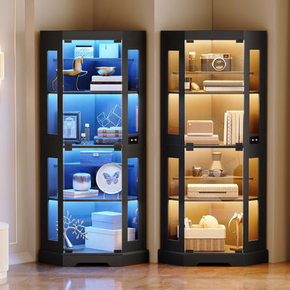 HOOBRO Corner Glass Display Cabinet with LED Lights & Power Outlets