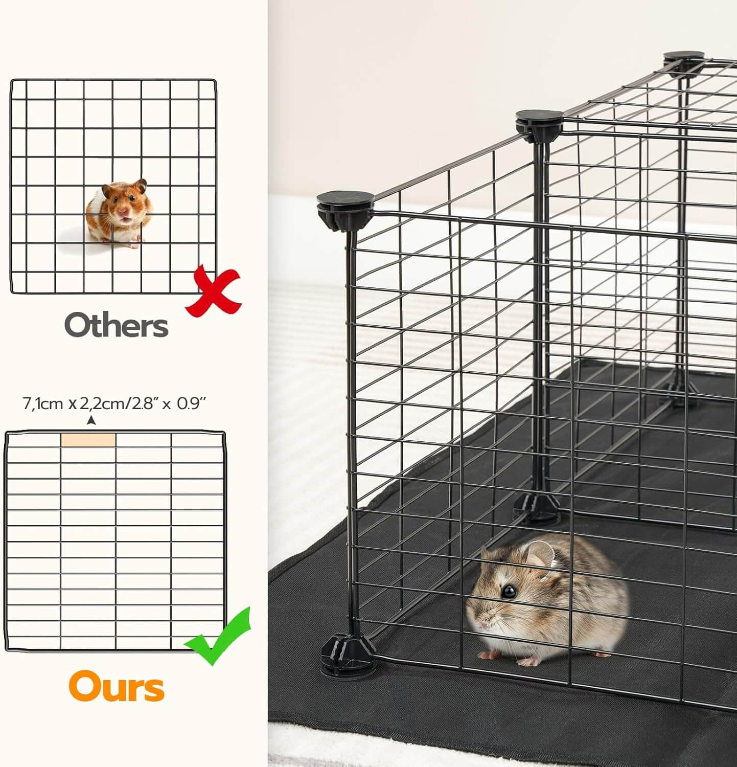 Hamster cage with a comparison to other cages on the left.