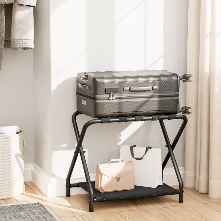 HOOBRO Luggage Rack, Folding Suitcase Stand with Fabric Storage Shelf for Guest Room, Bedroom, Hotel, Holds up to 100 lb, 27 x 15.3 x 22 Inches, Space Saving