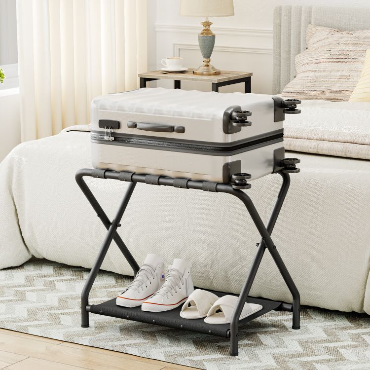 HOOBRO Luggage Rack, Folding Suitcase Stand with Fabric Storage Shelf for Guest Room, Bedroom, Hotel, Holds up to 100 lb, 27 x 15.3 x 22 Inches, Space Saving