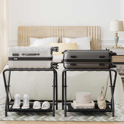 HOOBRO Luggage Rack, Folding Suitcase Stand with Fabric Storage Shelf for Guest Room, Bedroom, Hotel, Holds up to 100 lb, 27 x 15.3 x 22 Inches, Space Saving