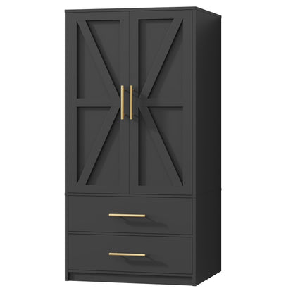 HOOBRO Armoire Wardrobe Closet, Wardrobe Closet with 2 Doors and 2 Drawers, Bedroom Armoire with Hanging Rod, Tall Armoire for Bedroom, Wooden Clothing Storage Cabinet