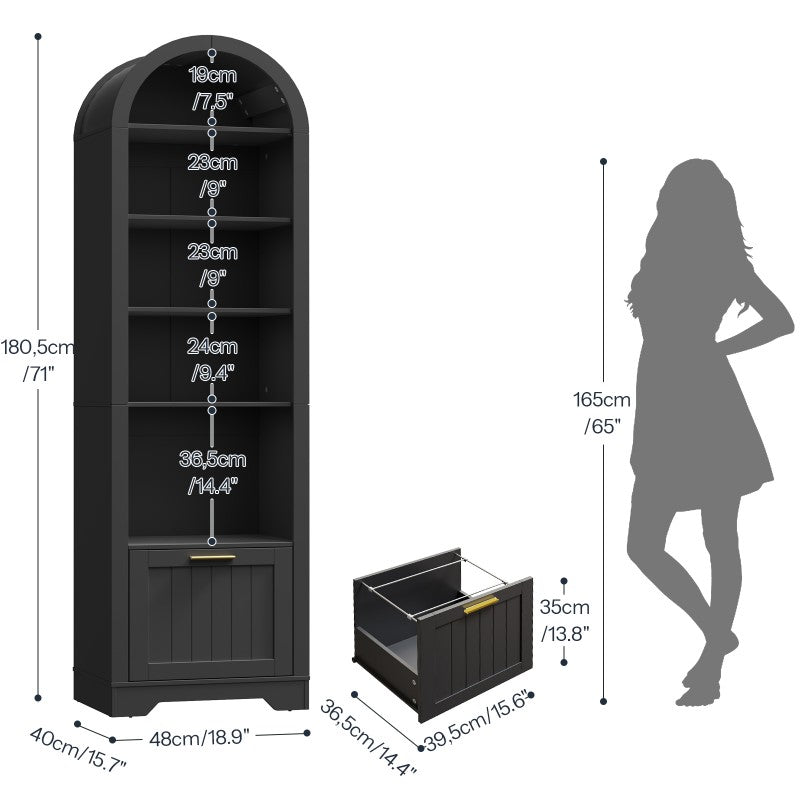 HOOBRO Arched Bookshelf with File Drawer, 71" Tall Narrow Bookcase for Small Spaces, 6-Tier Arched Bookcase with Storage and Adjustable Shelves, Farmhouse Bookshelf for Living Room