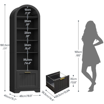 HOOBRO Arched Bookshelf with File Drawer, 71" Tall Narrow Bookcase for Small Spaces, 6-Tier Arched Bookcase with Storage and Adjustable Shelves, Farmhouse Bookshelf for Living Room
