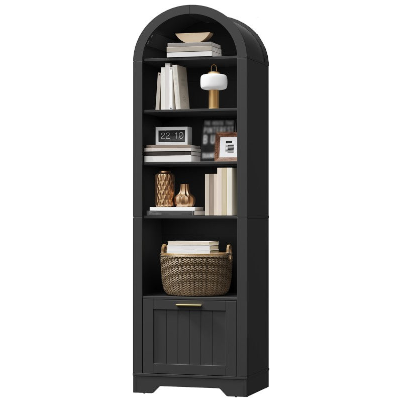 HOOBRO Arched Bookshelf with File Drawer, 71" Tall Narrow Bookcase for Small Spaces, 6-Tier Arched Bookcase with Storage and Adjustable Shelves, Farmhouse Bookshelf for Living Room