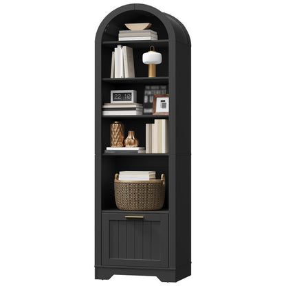 HOOBRO Arched Bookshelf with File Drawer, 71" Tall Narrow Bookcase for Small Spaces, 6-Tier Arched Bookcase with Storage and Adjustable Shelves, Farmhouse Bookshelf for Living Room
