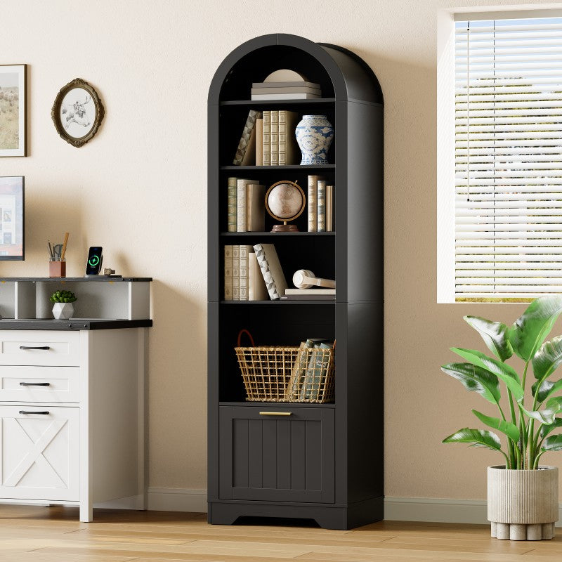 HOOBRO Arched Bookshelf with File Drawer, 71" Tall Narrow Bookcase for Small Spaces, 6-Tier Arched Bookcase with Storage and Adjustable Shelves, Farmhouse Bookshelf for Living Room