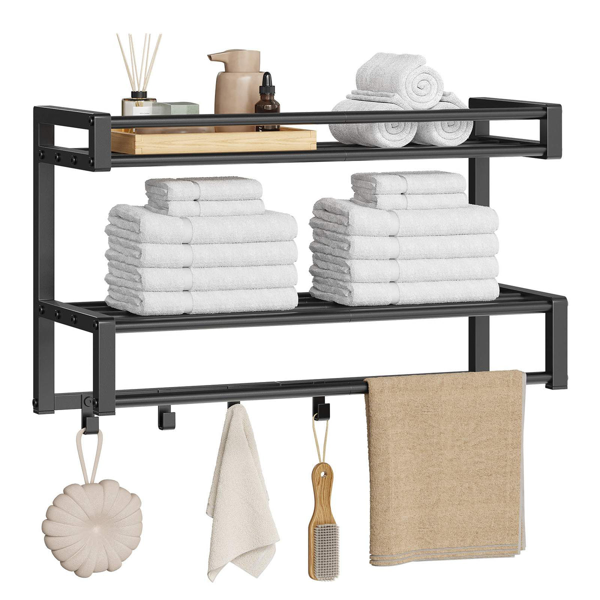 HOOBRO Wall Mounted 2-Tier Bathroom Towel Rack with Towel Bar and Hooks