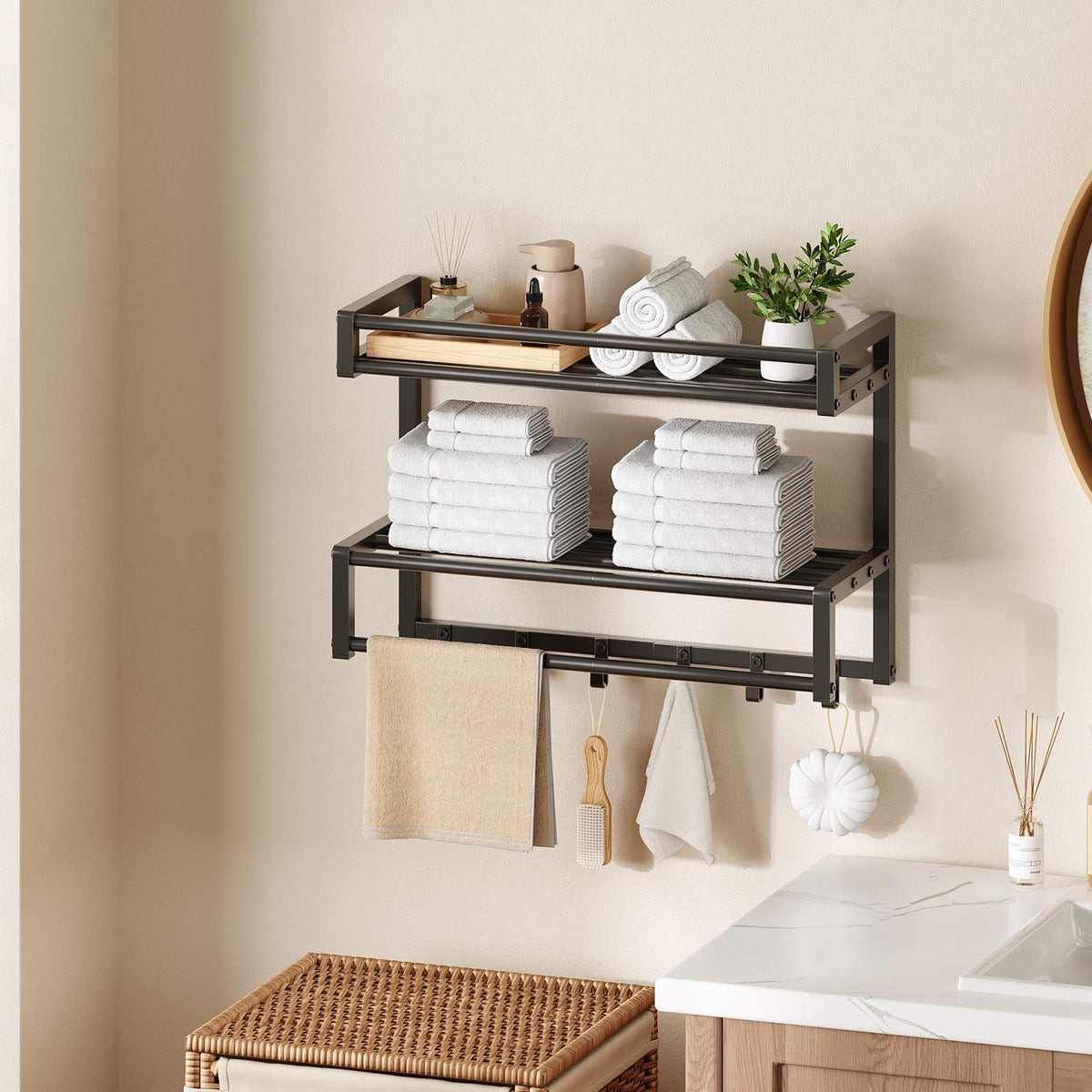 HOOBRO Wall Mounted 2-Tier Bathroom Towel Rack with Towel Bar and Hooks