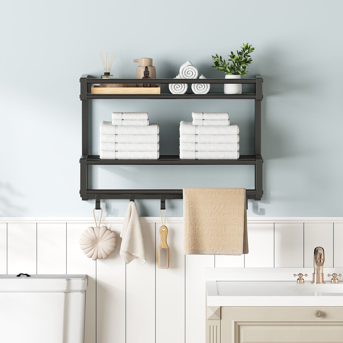 HOOBRO Wall Mounted 2-Tier Bathroom Towel Rack with Towel Bar and Hooks