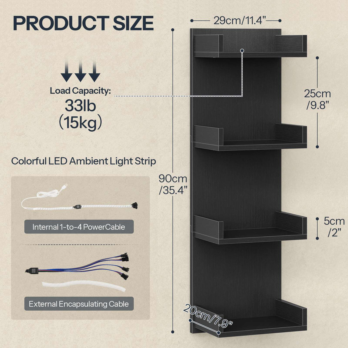 HOOBRO 4 Tier LED Lighted Display Floating Wall Shelves for Bedroom & Gaming Room