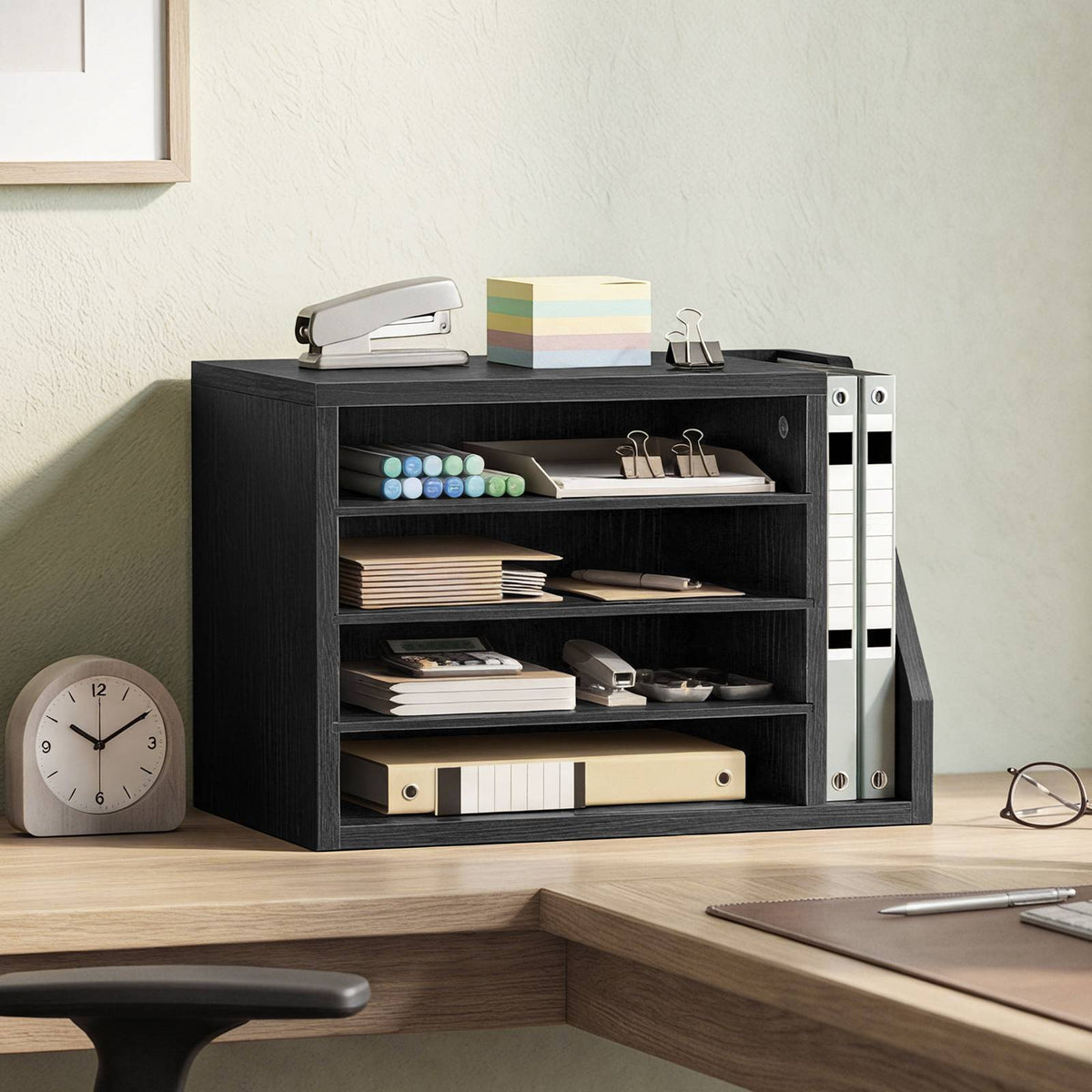 HOOBRO Desktop File Organizer with 4-Tier Paper Trays and Vertical Binder Holder