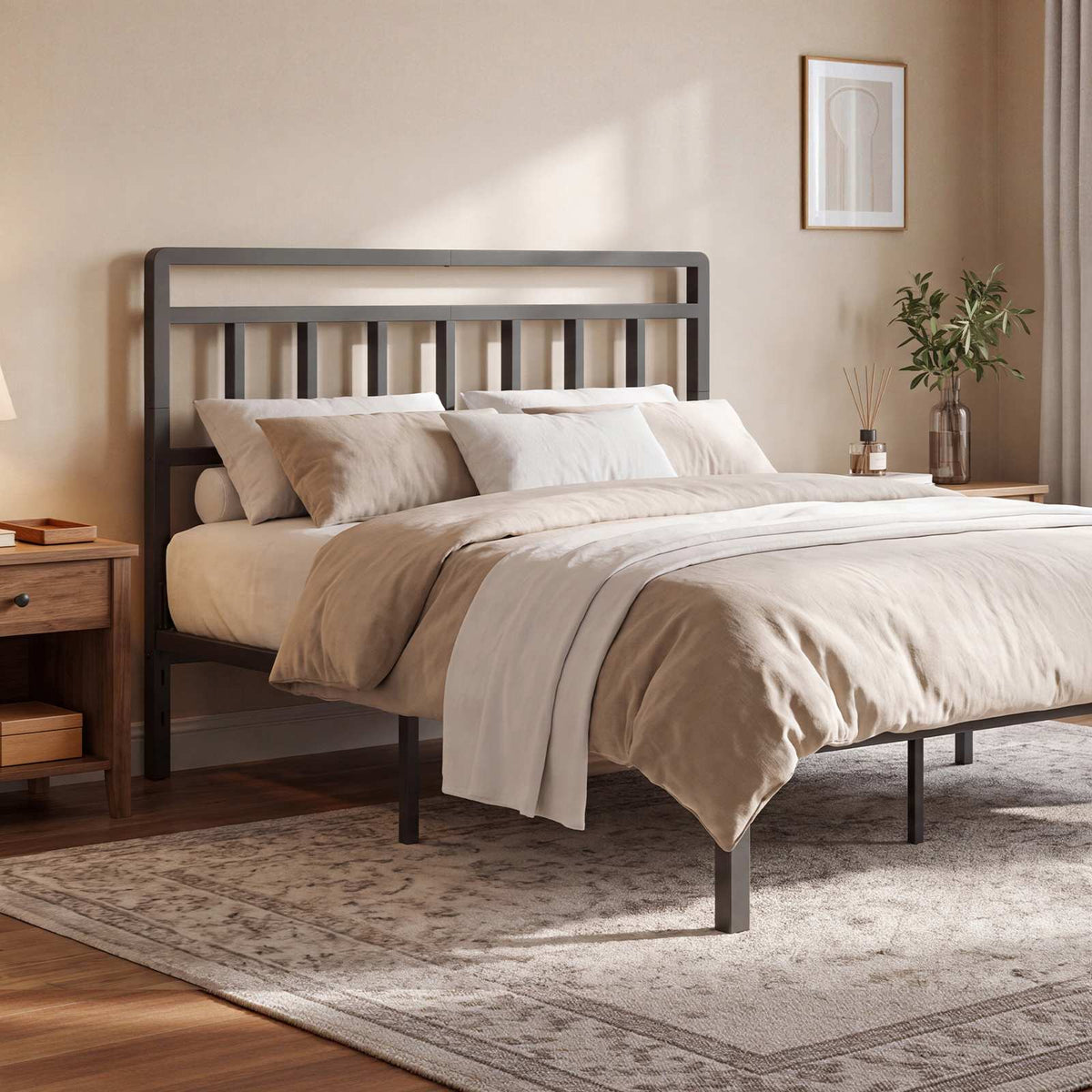 HOOBRO Modern Metal Headboard with LED Lights, Adjustable Bed Frame Headboard