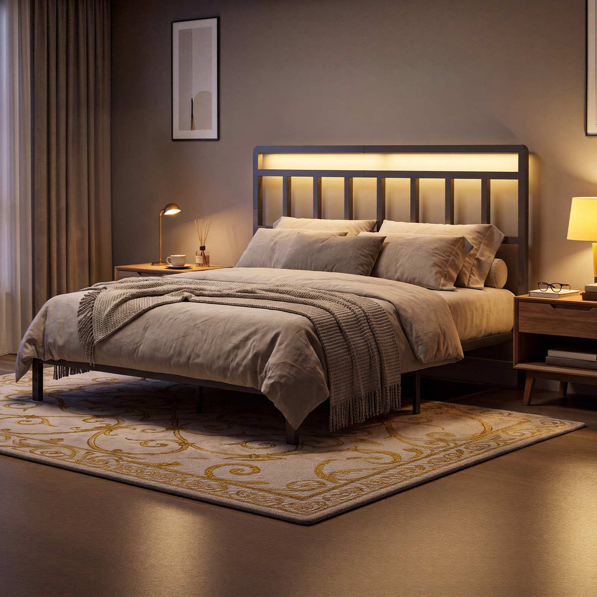 HOOBRO Modern Metal Headboard with LED Lights, Adjustable Bed Frame Headboard