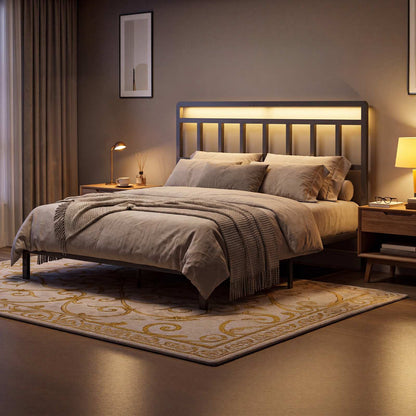 HOOBRO Modern Metal Headboard with LED Lights, Adjustable Bed Frame Headboard