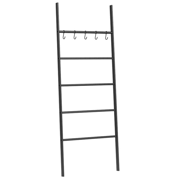 HOOBRO Blanket Ladder, Towel Rack, 5-Tier Ladder Shelf, Decorative Wall Leaning Ladder Rack, 5 Hooks, Blanket Holder, Display Rack for Bathroom
