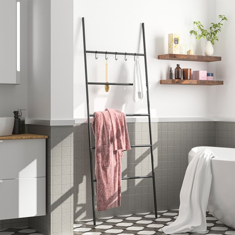HOOBRO Blanket Ladder, Towel Rack, 5-Tier Ladder Shelf, Decorative Wall Leaning Ladder Rack, 5 Hooks, Blanket Holder, Display Rack for Bathroom