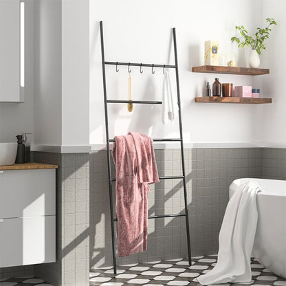 HOOBRO Blanket Ladder, Towel Rack, 5-Tier Ladder Shelf, Decorative Wall Leaning Ladder Rack, 5 Hooks, Blanket Holder, Display Rack for Bathroom