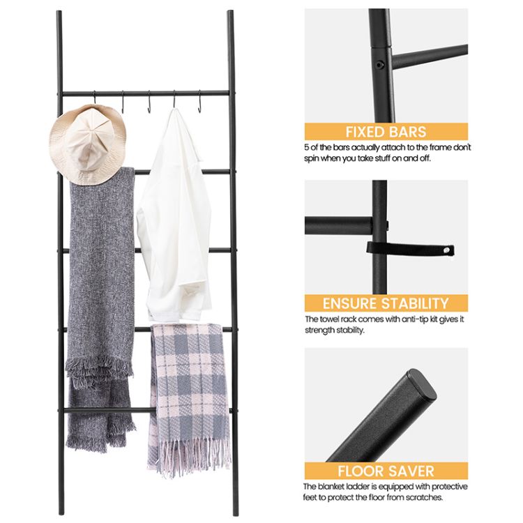 HOOBRO Blanket Ladder, Towel Rack, 5-Tier Ladder Shelf, Decorative Wall Leaning Ladder Rack, 5 Hooks, Blanket Holder, Display Rack for Bathroom