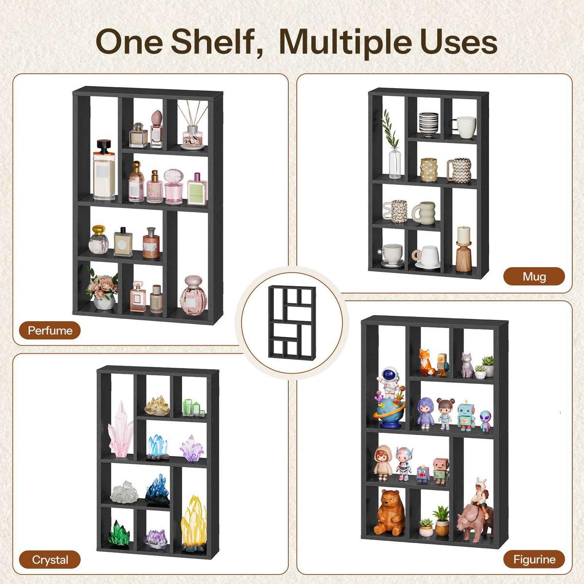 HOOBRO Wall Mounted 9-Compartment Display Shelf Wooden Perfume Organizer