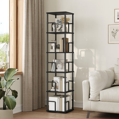 HOOBRO 5-Tier Rotating Bookshelf, Freestanding Corner Bookshelf, with Rails, for Living Room, Bedroom, Study, Black