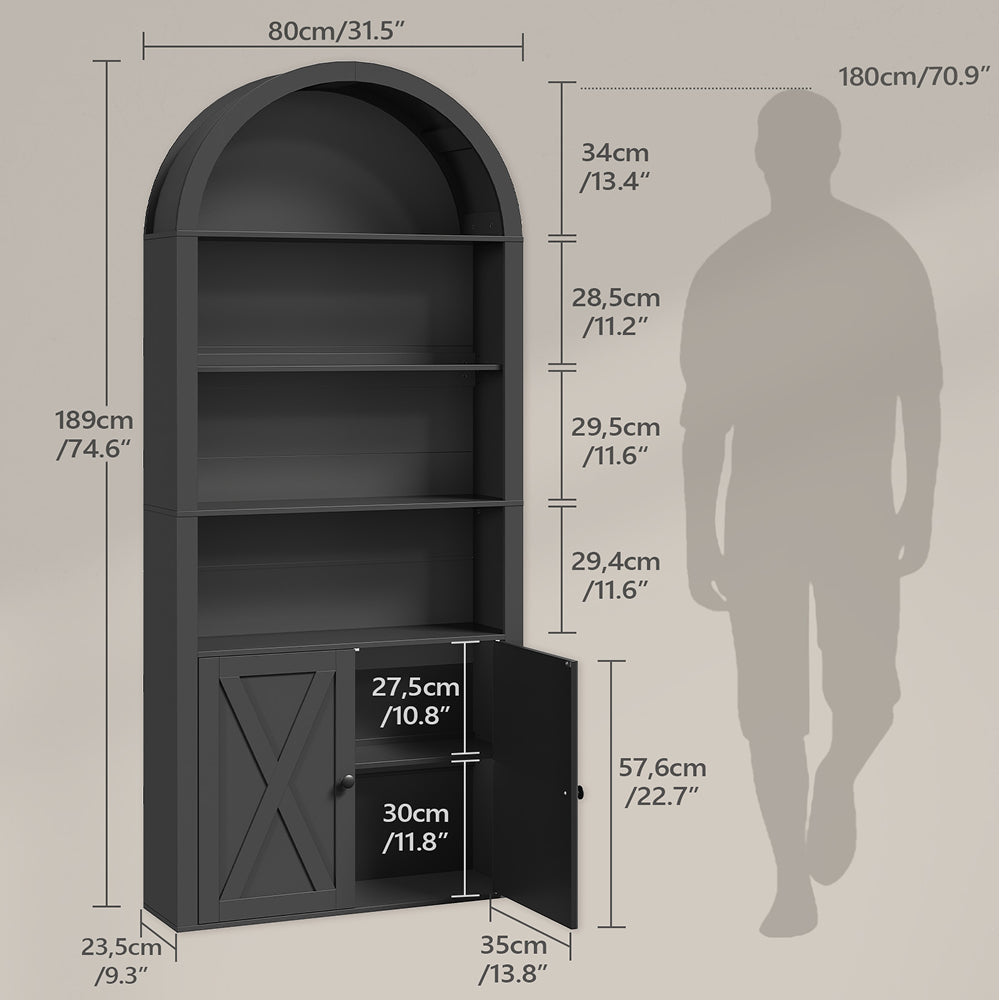 HOOBRO Arched 6-Tier Bookshelf with Cabinet Doors,Bookcase with Adjustable Shelves,for Living Room and Study, Black