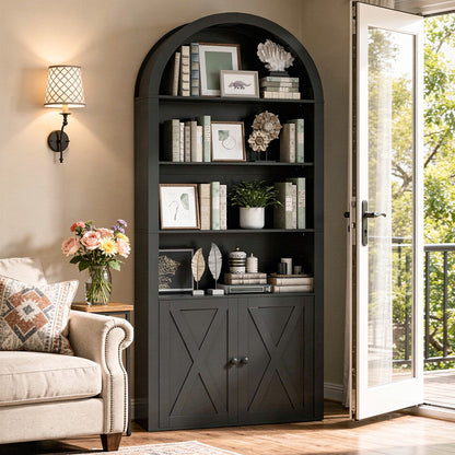 HOOBRO Arched 6-Tier Bookshelf with Cabinet Doors,Bookcase with Adjustable Shelves,for Living Room and Study, Black