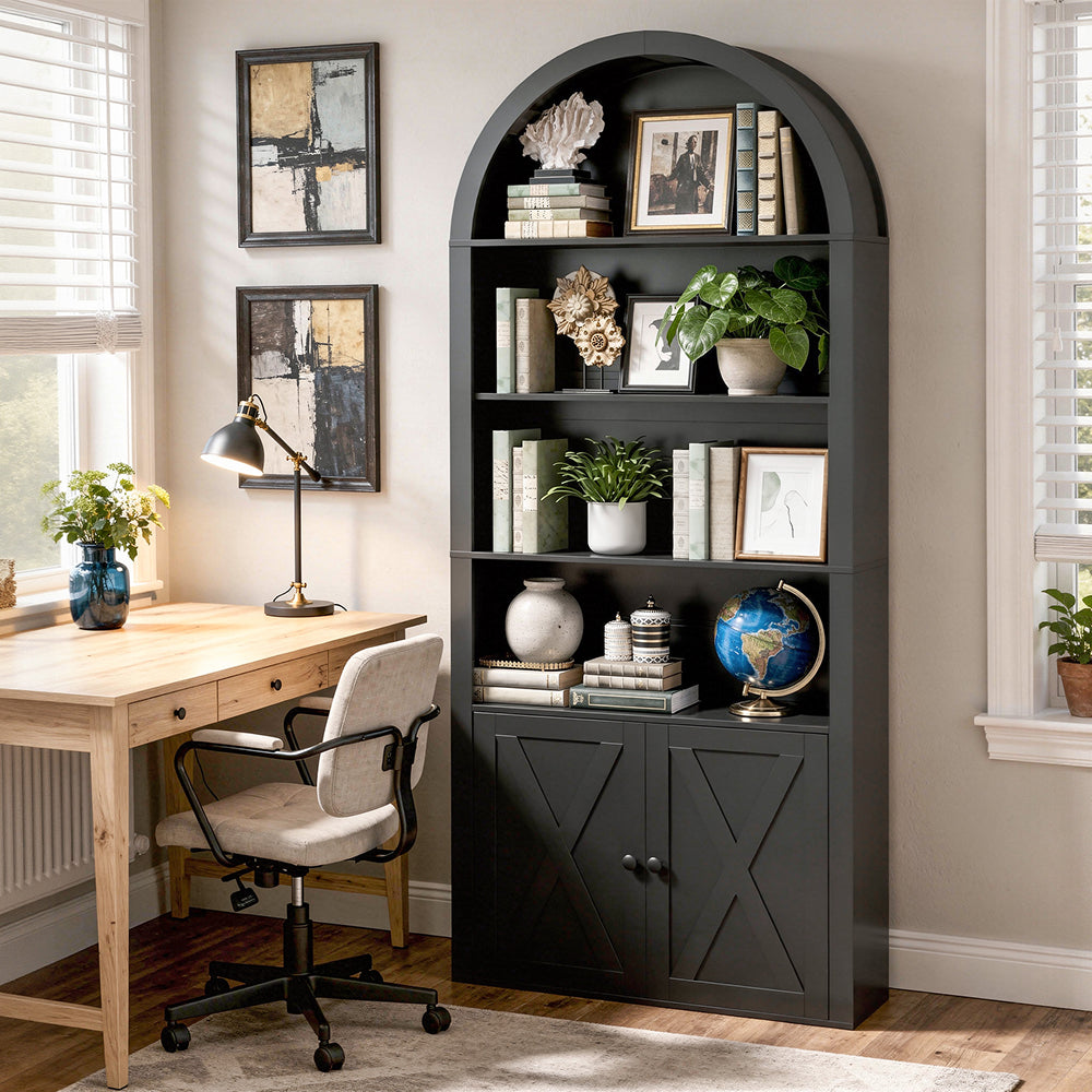 HOOBRO Arched 6-Tier Bookshelf with Cabinet Doors,Bookcase with Adjustable Shelves,for Living Room and Study, Black