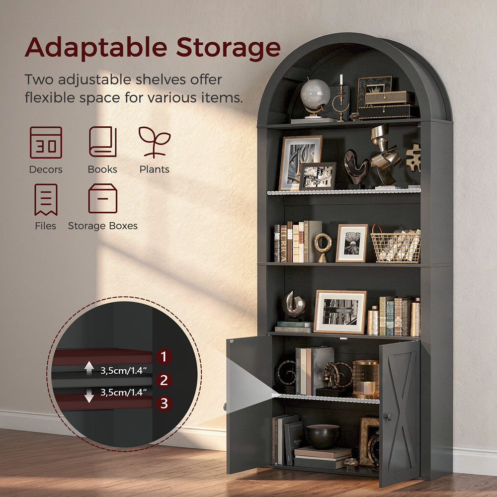 HOOBRO Arched 6-Tier Bookshelf with Cabinet Doors,Bookcase with Adjustable Shelves,for Living Room and Study, Black