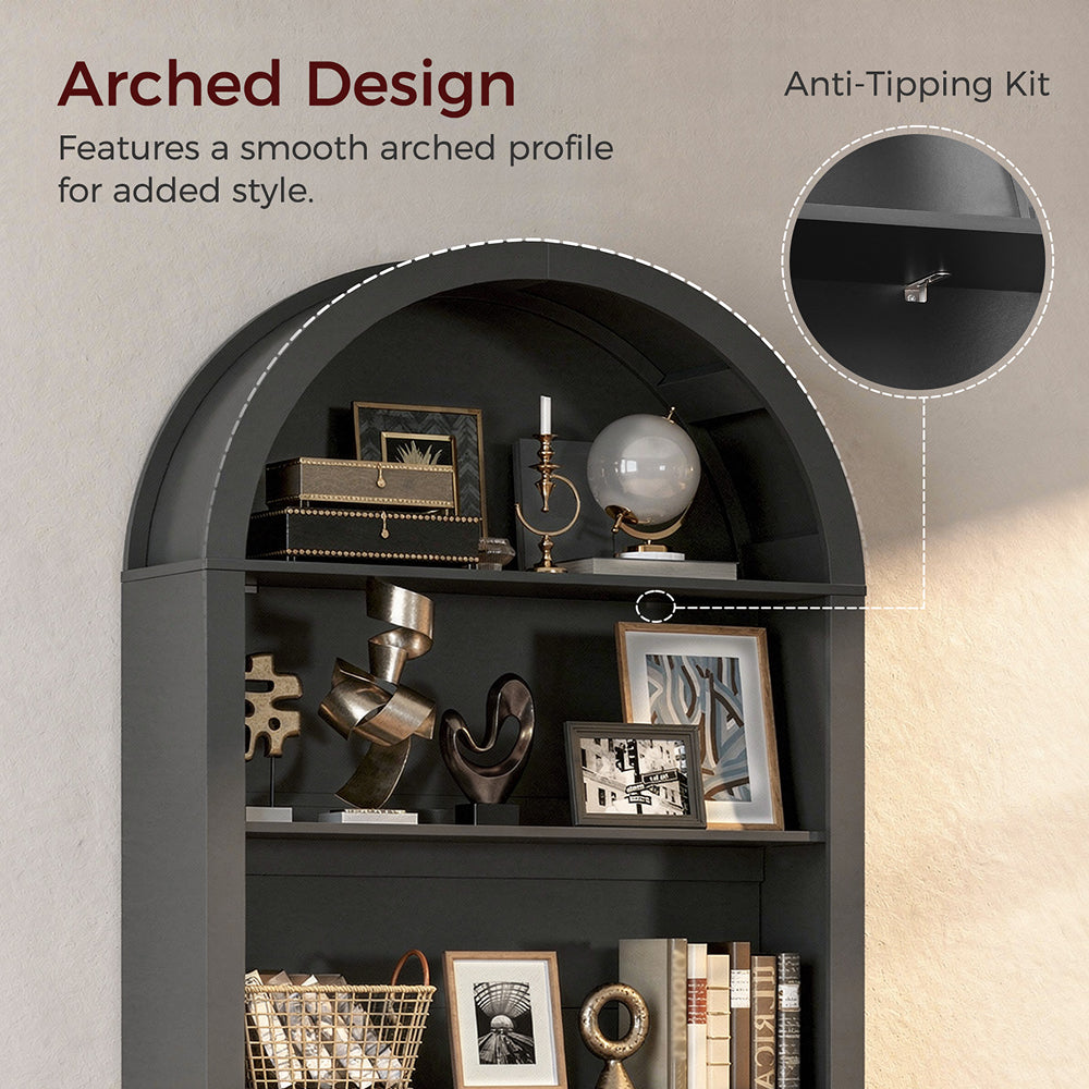 HOOBRO Arched 6-Tier Bookshelf with Cabinet Doors,Bookcase with Adjustable Shelves,for Living Room and Study, Black