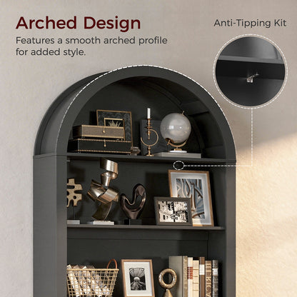 HOOBRO Arched 6-Tier Bookshelf with Cabinet Doors,Bookcase with Adjustable Shelves,for Living Room and Study, Black