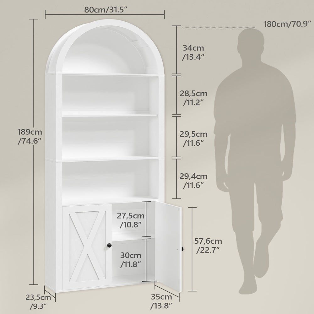 HOOBRO Arched 6-Tier Bookshelf with Cabinet Doors,Bookcase with Adjustable Shelves,for Living Room and Study, White