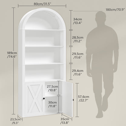 HOOBRO Arched 6-Tier Bookshelf with Cabinet Doors,Bookcase with Adjustable Shelves,for Living Room and Study, White