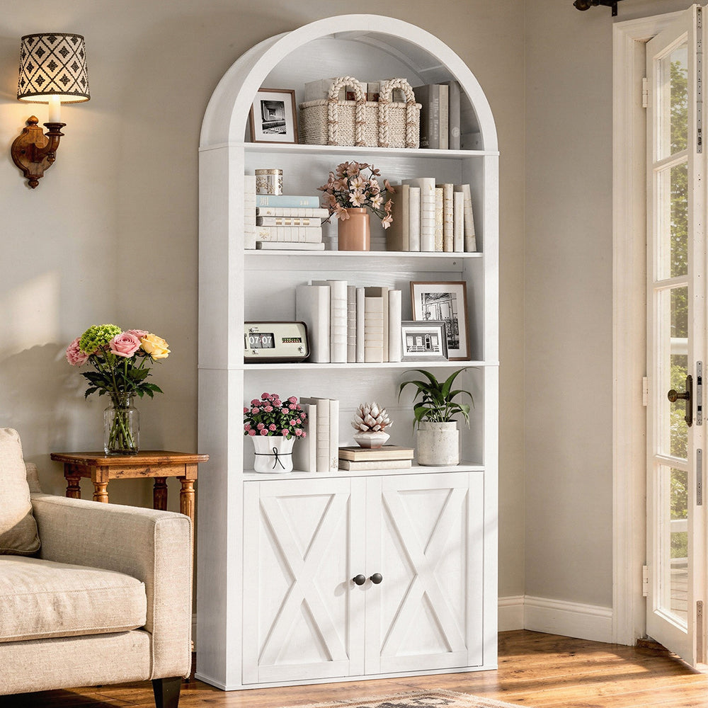 HOOBRO Arched 6-Tier Bookshelf with Cabinet Doors,Bookcase with Adjustable Shelves,for Living Room and Study, White
